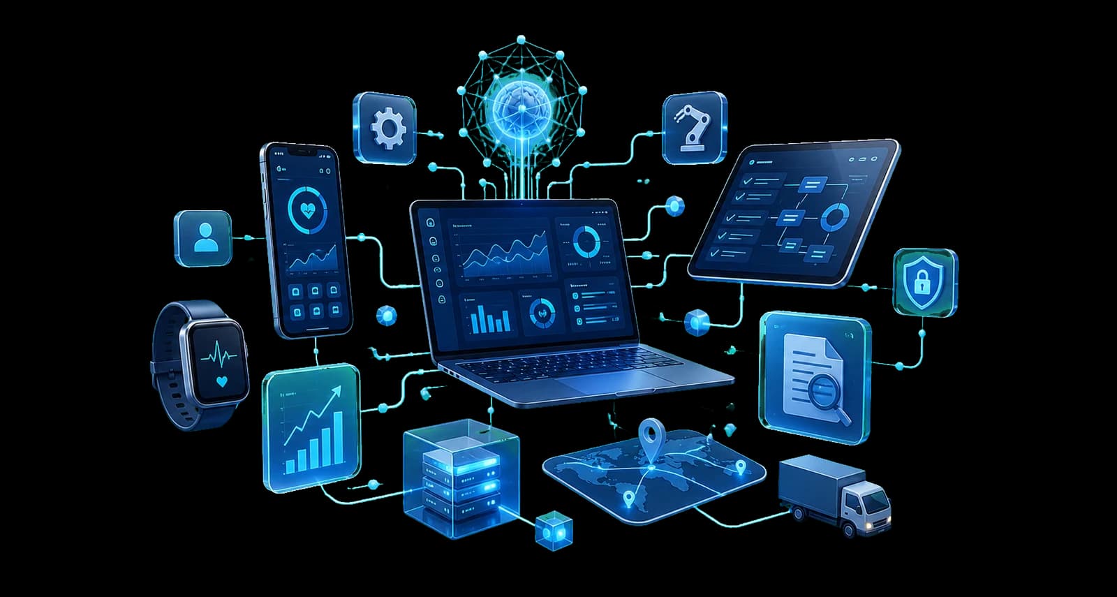 Connected digital product ecosystem with AI, automation, mobile, web, health, finance, legal, and logistics interfaces